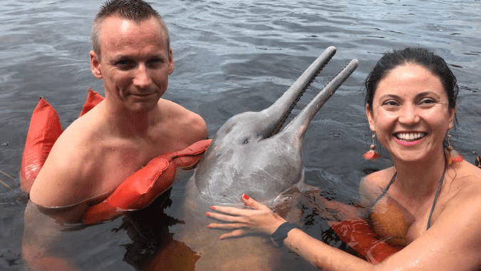 Nado com botos-cor-de-rosa no Amazonas saindo de Manaus Nado com botos-cor-de-rosa no Amazonas saindo de Manaus