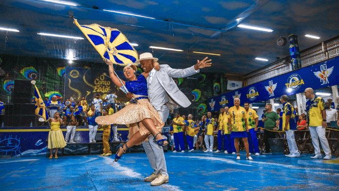 Feel the energy of Rio Carnival at a vibrant samba school rehearsal.