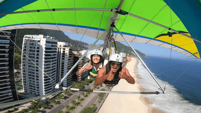 Experience the thrill of hang gliding over Rio de Janeiro with stunning beach views.